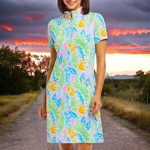 IBKUL‎ Allison Dress XS UPF 50 Floral Tropical Leaves Pastels Short Sleeve Golf.